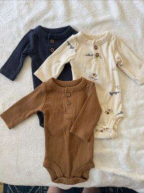 Carter's PREMIE Ribbed Long-Sleeve One-Piece Bodysuits — Brown, Cream, Navy